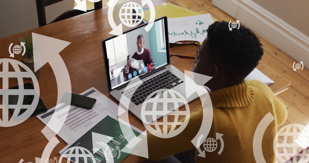 Businesswoman Engaging in Global Video Networking Call on Laptop