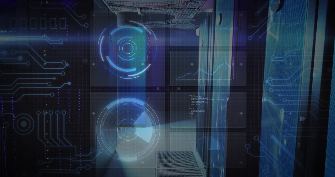 Data Center Server Rack Casting Futuristic HUD Overlays with Analytics and Diagnostics