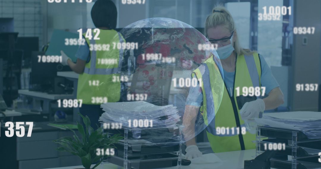 Office Safety During Pandemic with Digital Overlay of Globe and Numbers