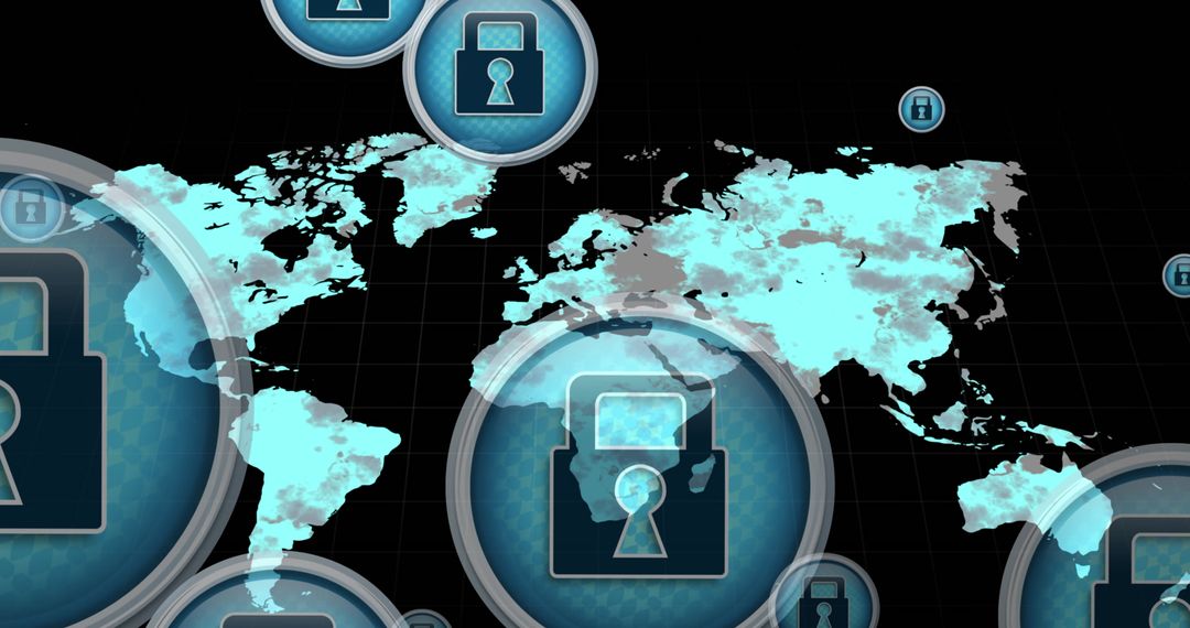 World Map with Digital Lock Icons Representing Global Cybersecurity