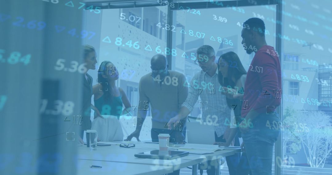 Financial Data Analysis Overlay with Multiracial Business Team