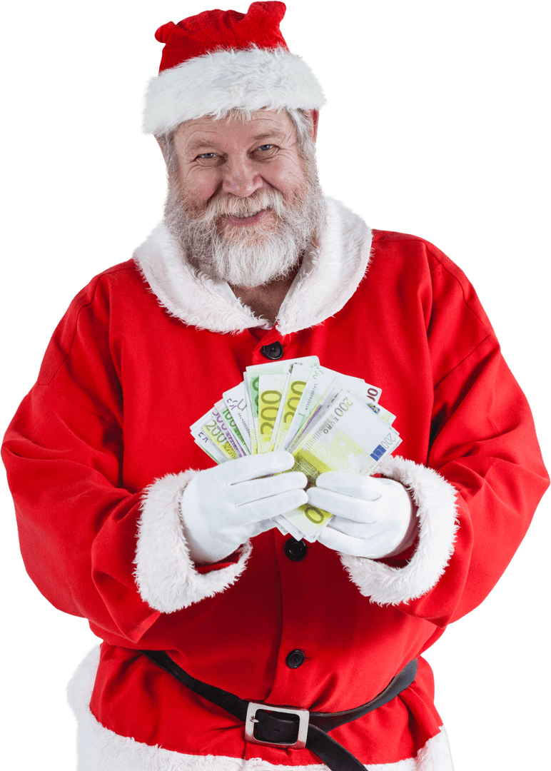 Santa Claus Holding Euros on Transparent Background for Finance Concept