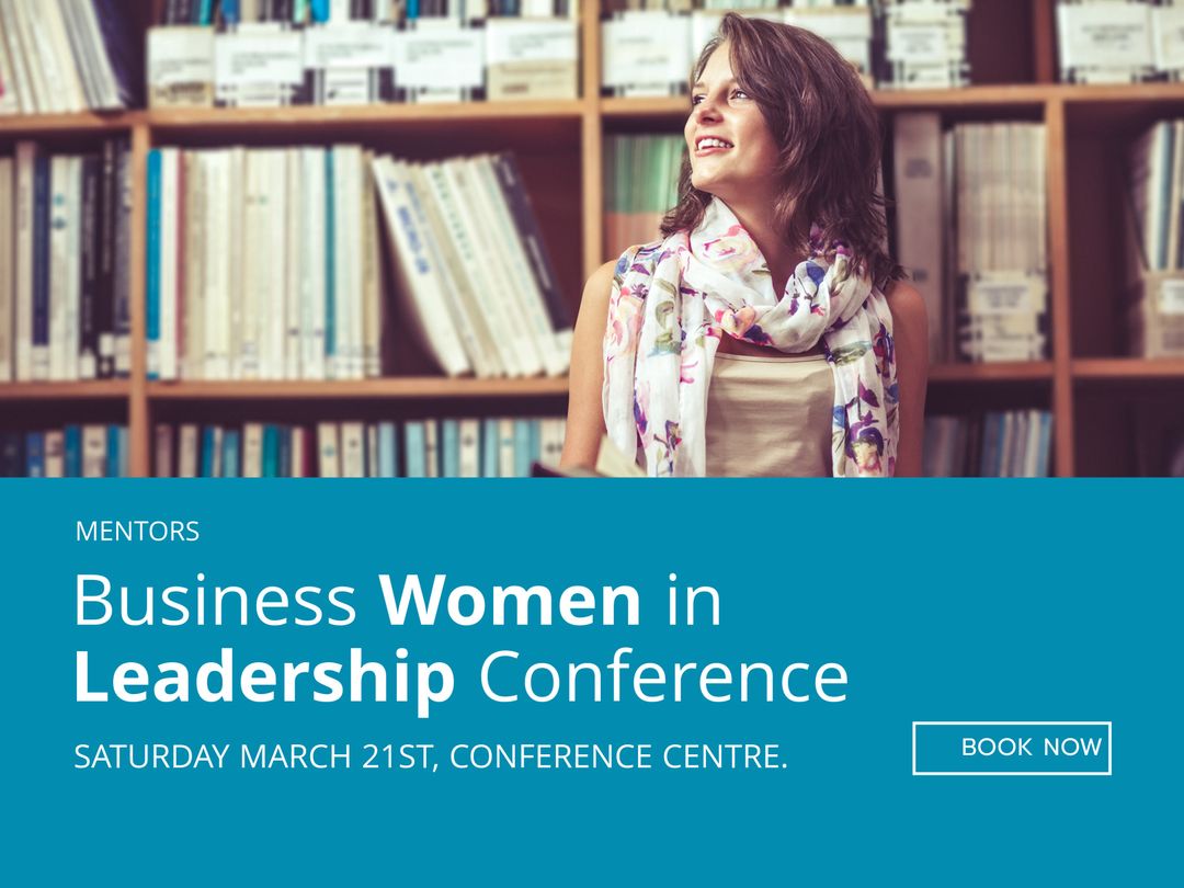 Confident Woman in Library for Business Conference Promotion