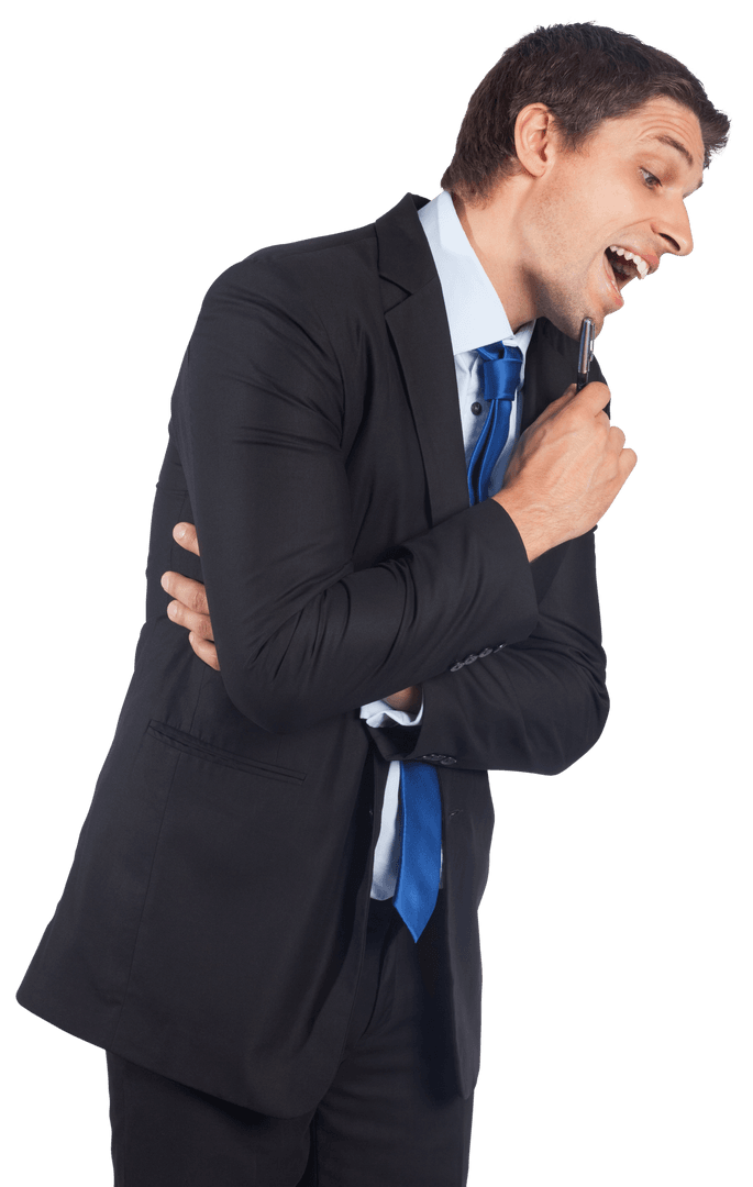 Caucasian Businessman Pondering with Pen on Transparent Background