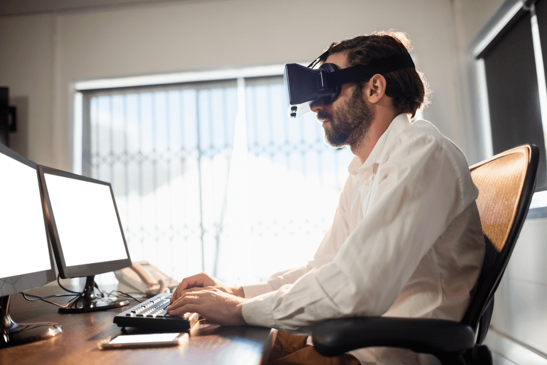 Transparent Businessman Using VR Glasses for Virtual Office Tasks