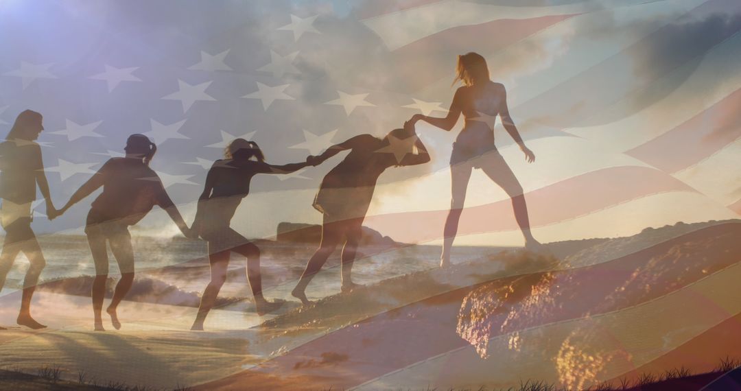 Group of People Holding Hands on Beach with American Flag Overlay - Free Images, Stock Photos and Pictures on Pikwizard.com