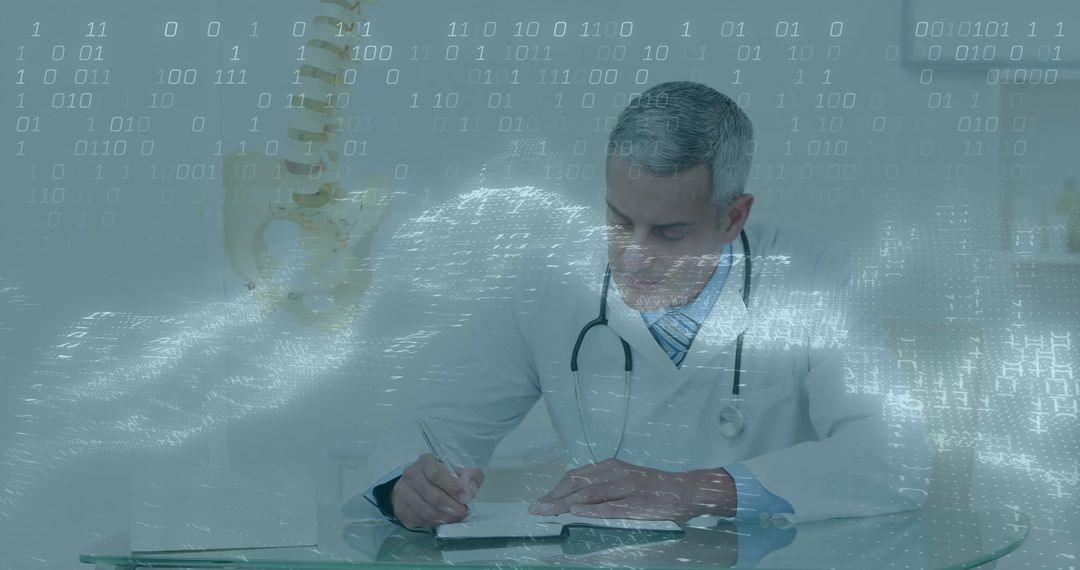 Doctor Analyzing Data with Digital Spine Hologram