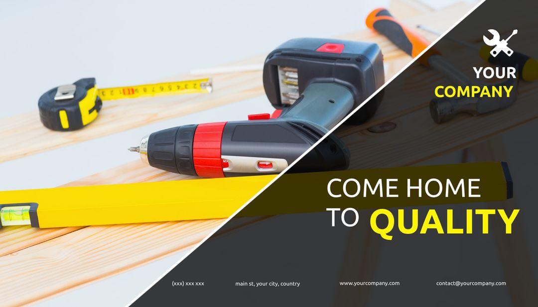 Craftsmanship Focus With Drill and Measuring Tools on Wood