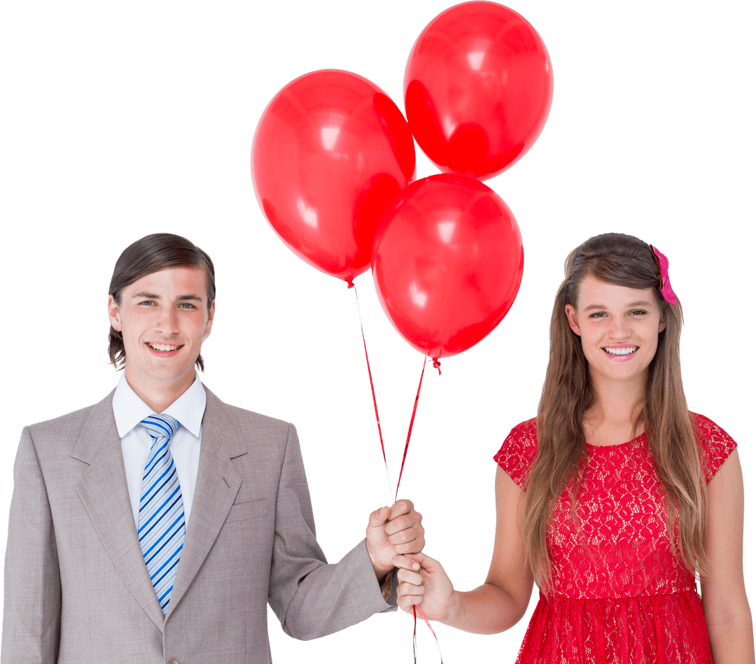 Smiling Couple in Formal Attire Holding Red Balloons, Transparent Background