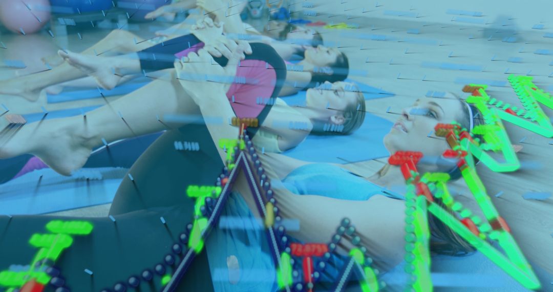 Women Exercising Overlaid with Financial Data Graphs