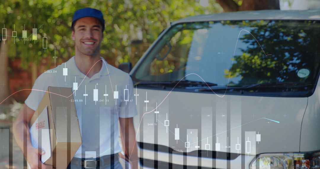 Caucasian Deliveryman Carrying Package with Overlaid Graph