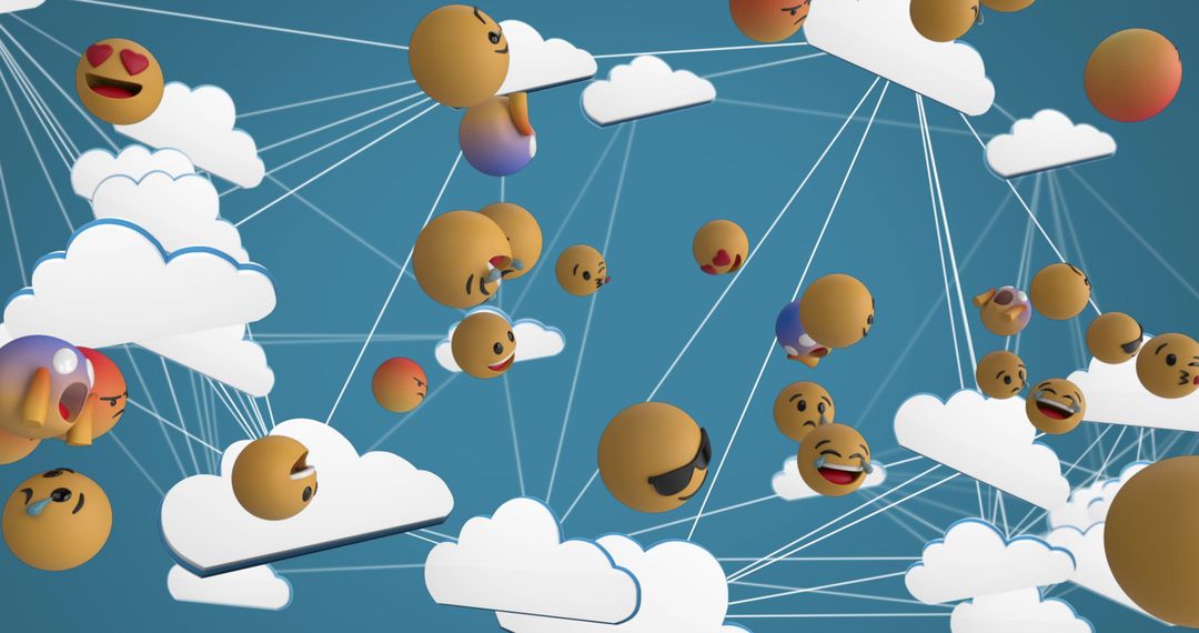 Floating Emojis and Cloud Icons Connected in Blue Sky