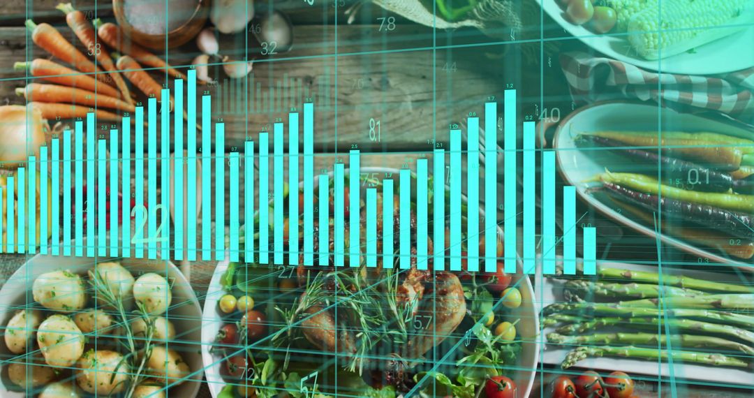 Teal Data Visualization Overlaying Rustic Vegetable Flatlay Featuring Roasted Potatoes
