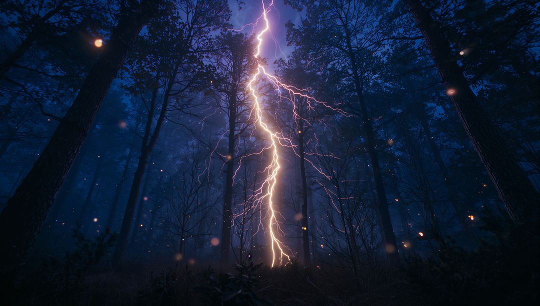 Electrifying Forest Storm: Lightning Bolt Amidst Nighttime Trees