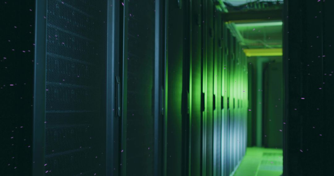 Futuristic Data Center with LED Lighting and Networking Equipment