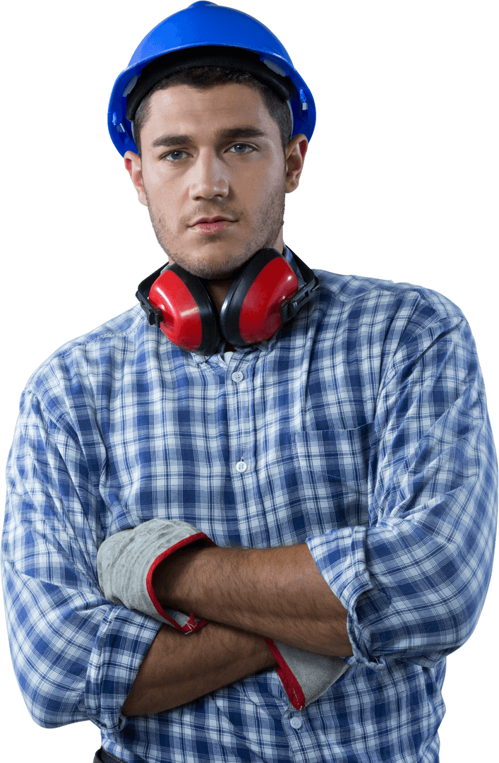 Confident Engineer with Hard Hat and Ear Protection on Transparent Background