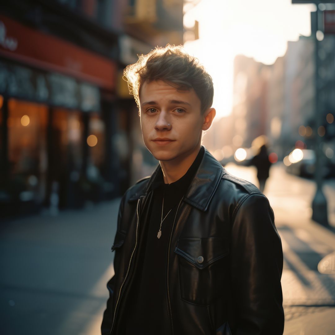 Young Man in Leather Jacket Standing on Urban Street at Sunset - Free Images, Stock Photos and Pictures on Pikwizard.com