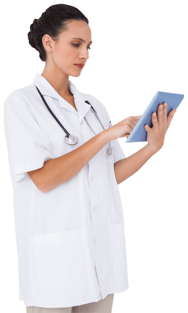 Focused Nurse in White Uniform Using Tablet Technology Transparent
