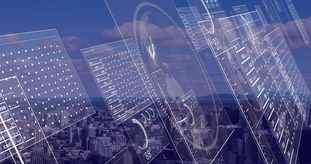 Futuristic Data Interface Overlay on Urban Cityscape