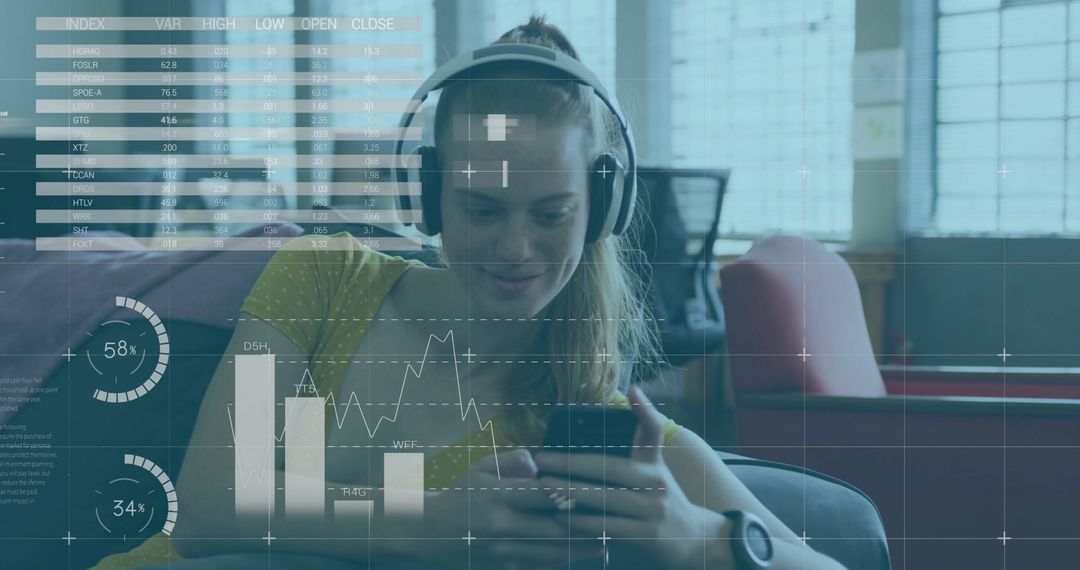 Woman Analyzing Stock Data on Smartphone at Home Lounge