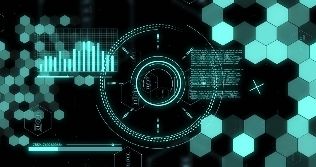 Digital data interface with hexagonal patterns and hud elements
