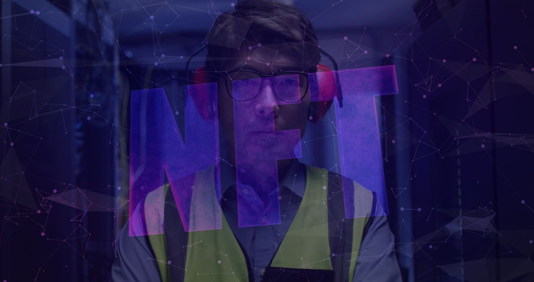 Asian Worker with NFT Overlay in Modern Server Room