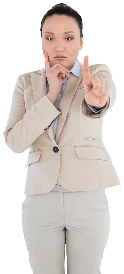 Transparent Serious Businesswoman Pointing with Index Finger