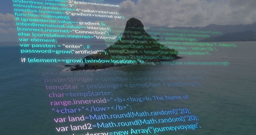 Digital Code Overlaying Scenic Seascape