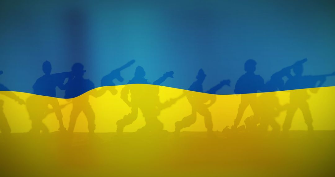 Ukraine Crisis Soldiers Silhouettes Over Blue and Yellow Flag - Free Images, Stock Photos and Pictures on Pikwizard.com