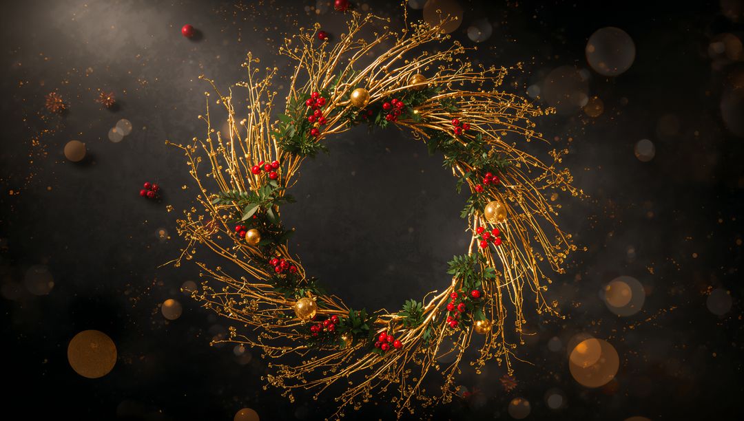 Elegant Festive Wreath with Gold Twigs and Red Berries