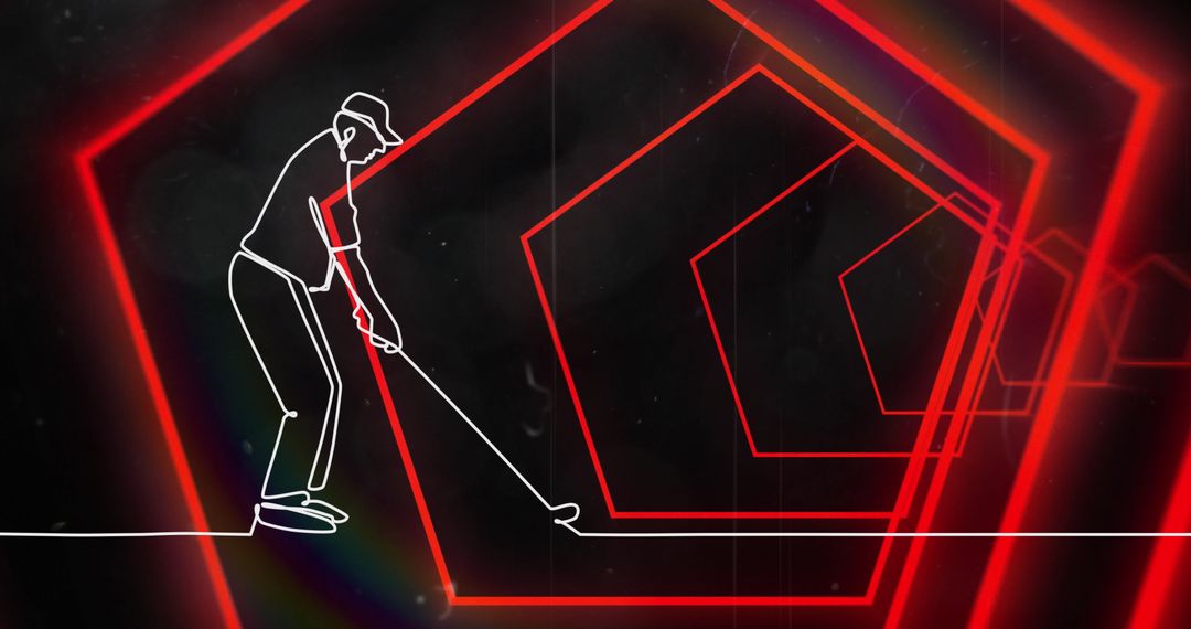 Illustration of Golfer in Neon Digital Tunnel for Futuristic Concept
