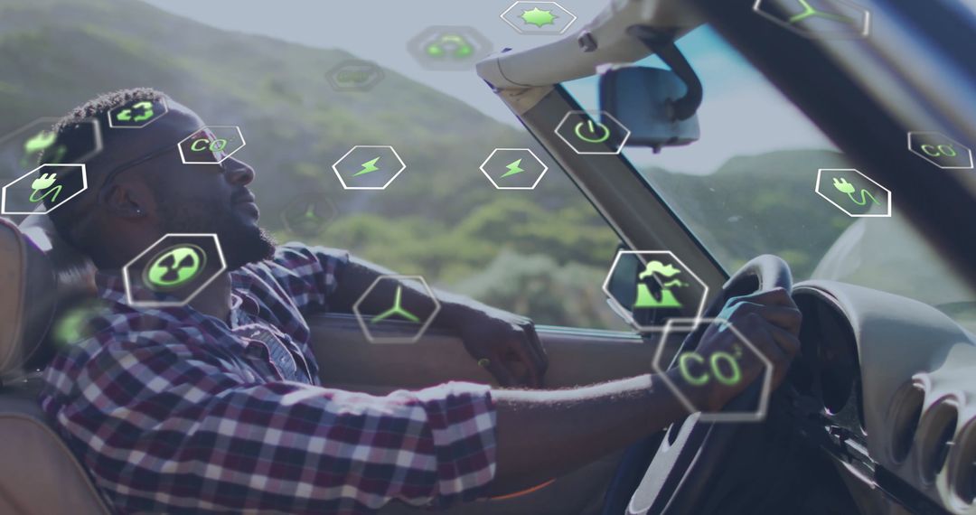 Man Driving Convertible with Futuristic Eco-Friendly Technology Overlays