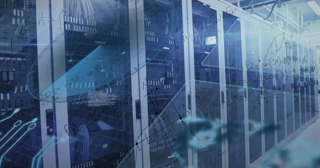 High-Tech Data Center with Digital Overlay of Mathematics