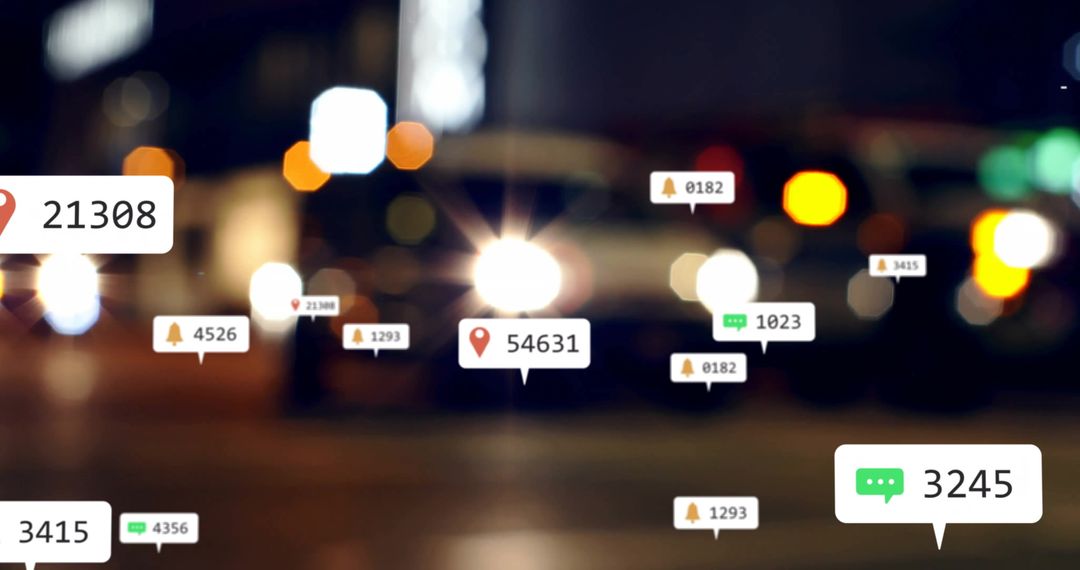 Digital Connections in Blurred Cityscape with Overlaid Data Icons