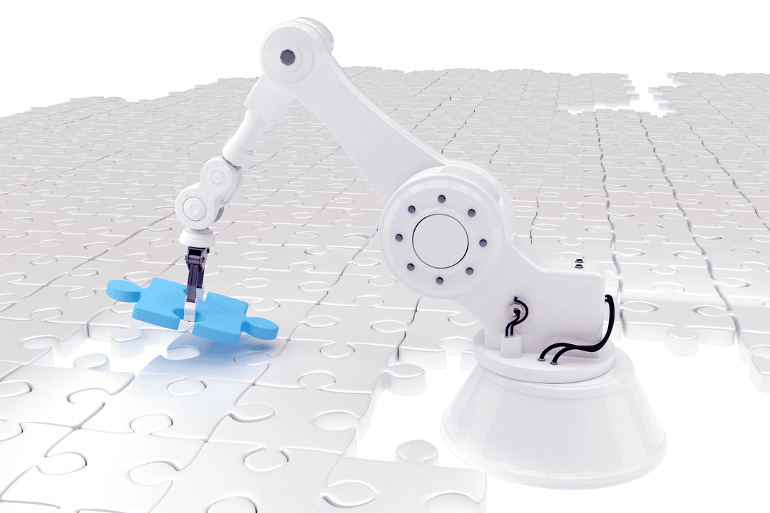 Futuristic Robot Arm Placing Blue Puzzle Piece in Transparent Assembly