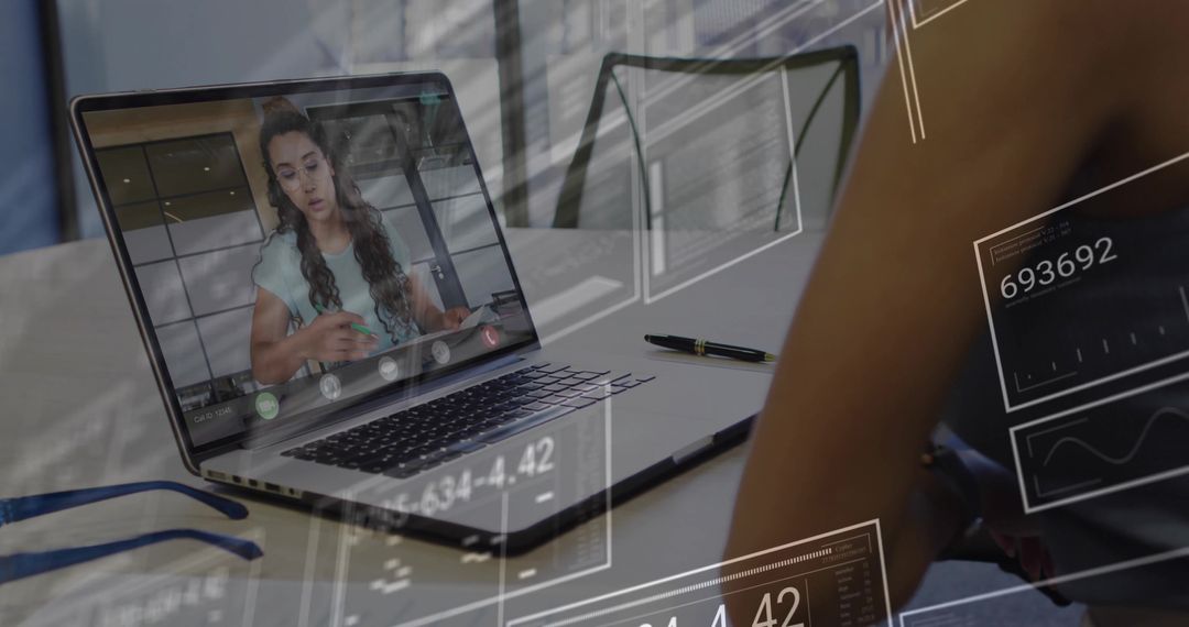 Virtual Meeting with Data Overlay on Lapsetop Screen in Modern Office