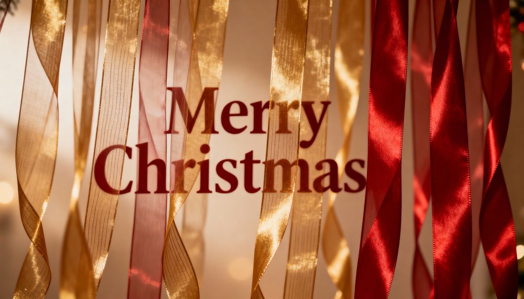 Merry Christmas Gold and Red Ribbons with Bokeh Lights and Satin Streamers