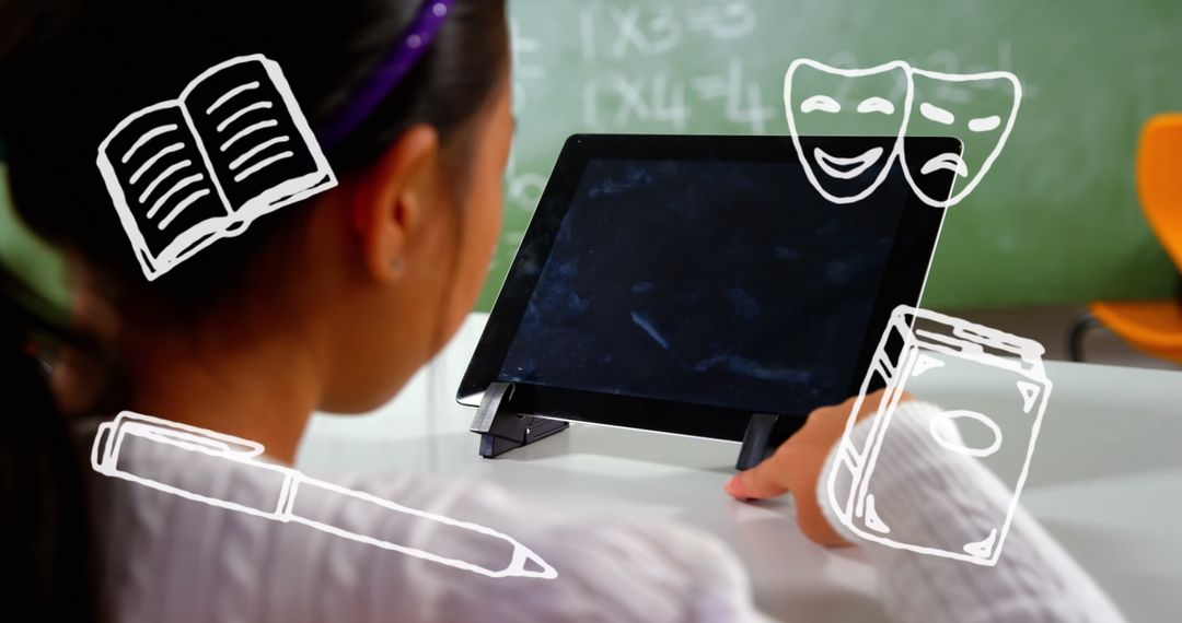 Young Student Using Tablet with Educational Doodles Overlay