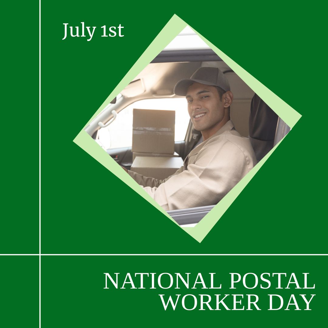 National Postal Worker Day Tribute with Delivery Man Smiling in a Delivery Truck - Download Free Stock Templates Pikwizard.com