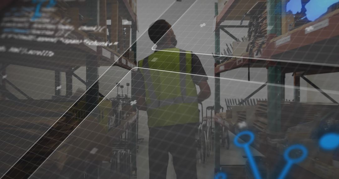 Warehouse Worker Analyzing Inventory Data with Digital Technology Overlay