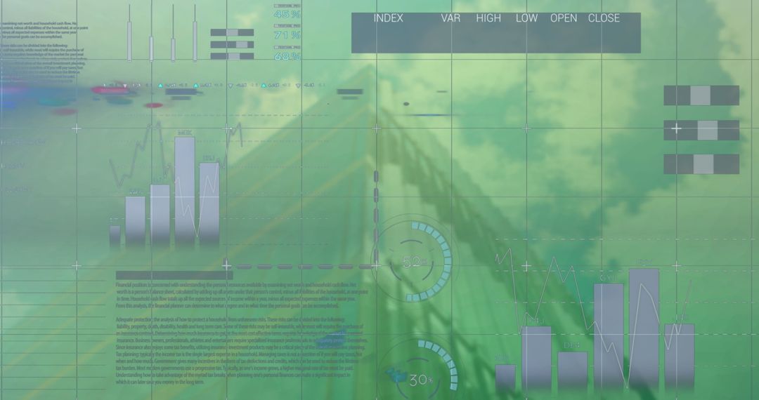Multicolored Infographic with Digital Overlay on Architecture