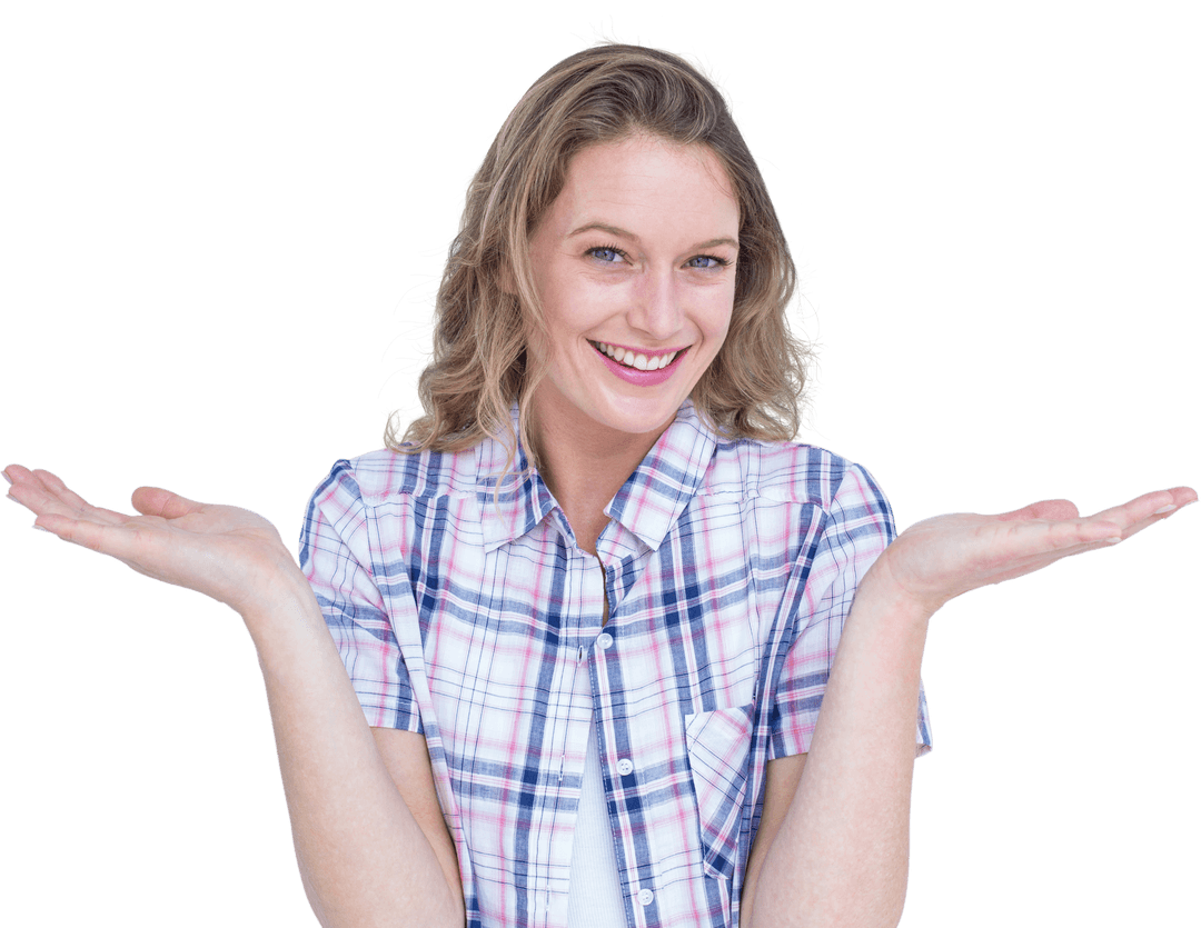 Smiling Woman in Checkered Shirt Isolated on Transparent Background