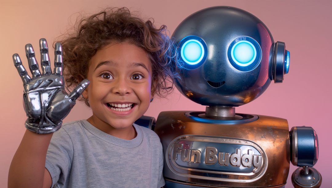 Joyful child waving with metallic glove beside friendly Fun Buddy robot for playtime