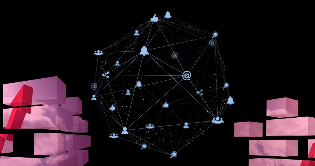 Global Connectivity Network with Media Icons and Pink Blocks