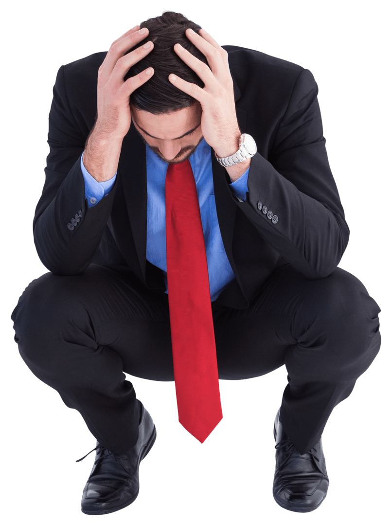 Stressed Businessman Squatting with Wanting to Relax Mindset Transparency