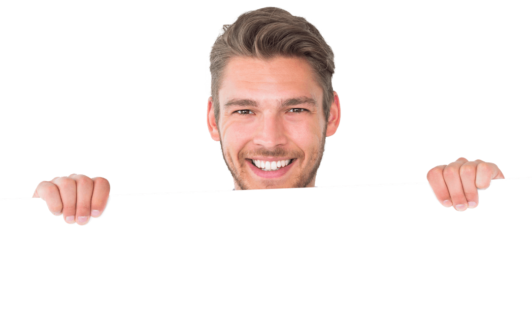 Transparent Background Young Man Smiling Holding Blank Sign
