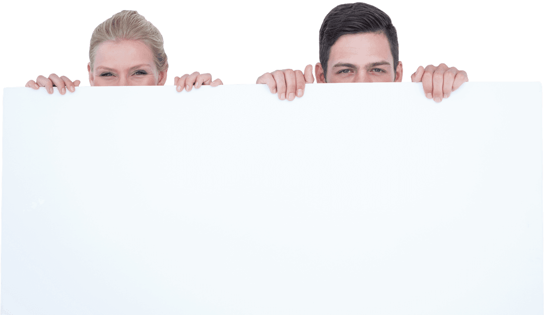 Couple Playfully Hiding Behind Transparent Blank Sign Isolated