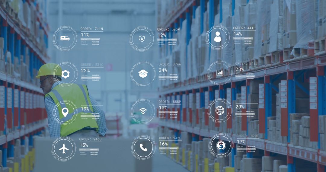 Warehouse Worker Monitors Digital Data Overlay on Logistic Operations