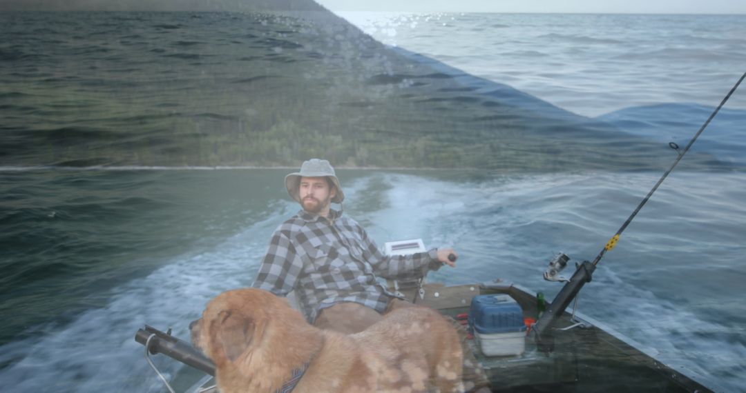 Double Exposure of Man Boating with Dog Against Water Backdrop