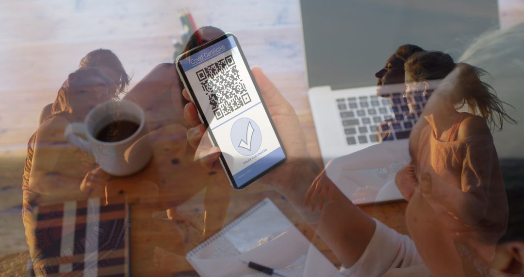 Woman with Smartphone Overlapping Beach Scene with Friends